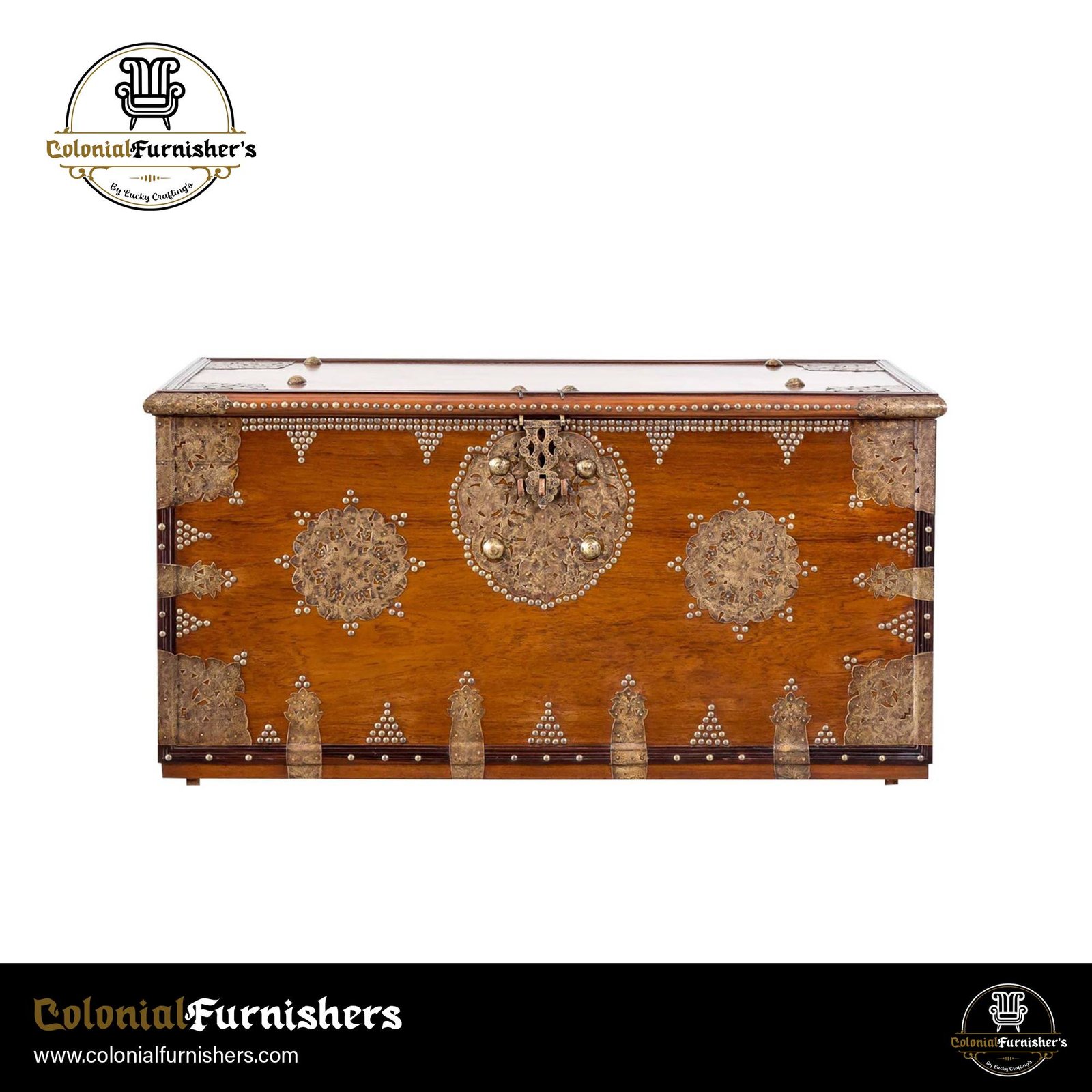Kandyan treasure chest with teak wood and brass detailing handcrafted in Sri Lanka