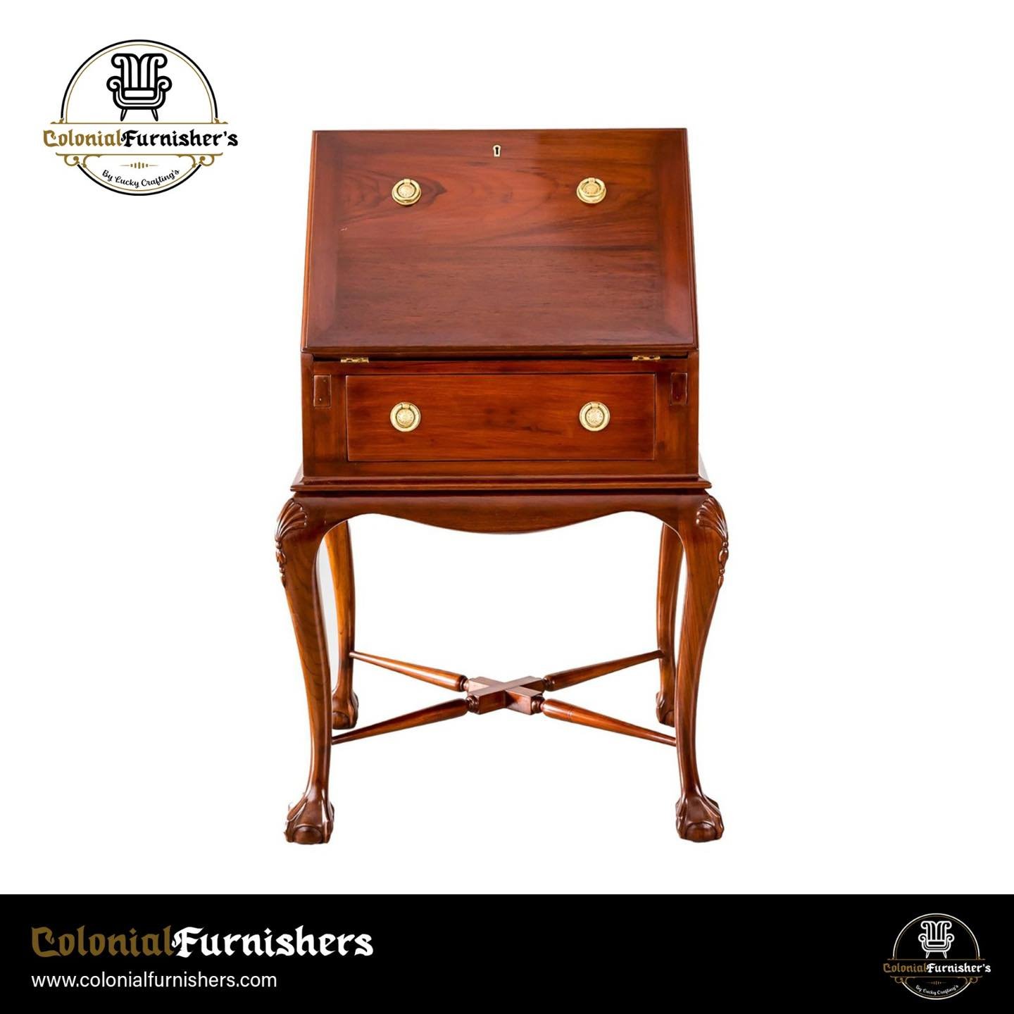 Exquisite writing desk with colonial drop-front and cabriole legs