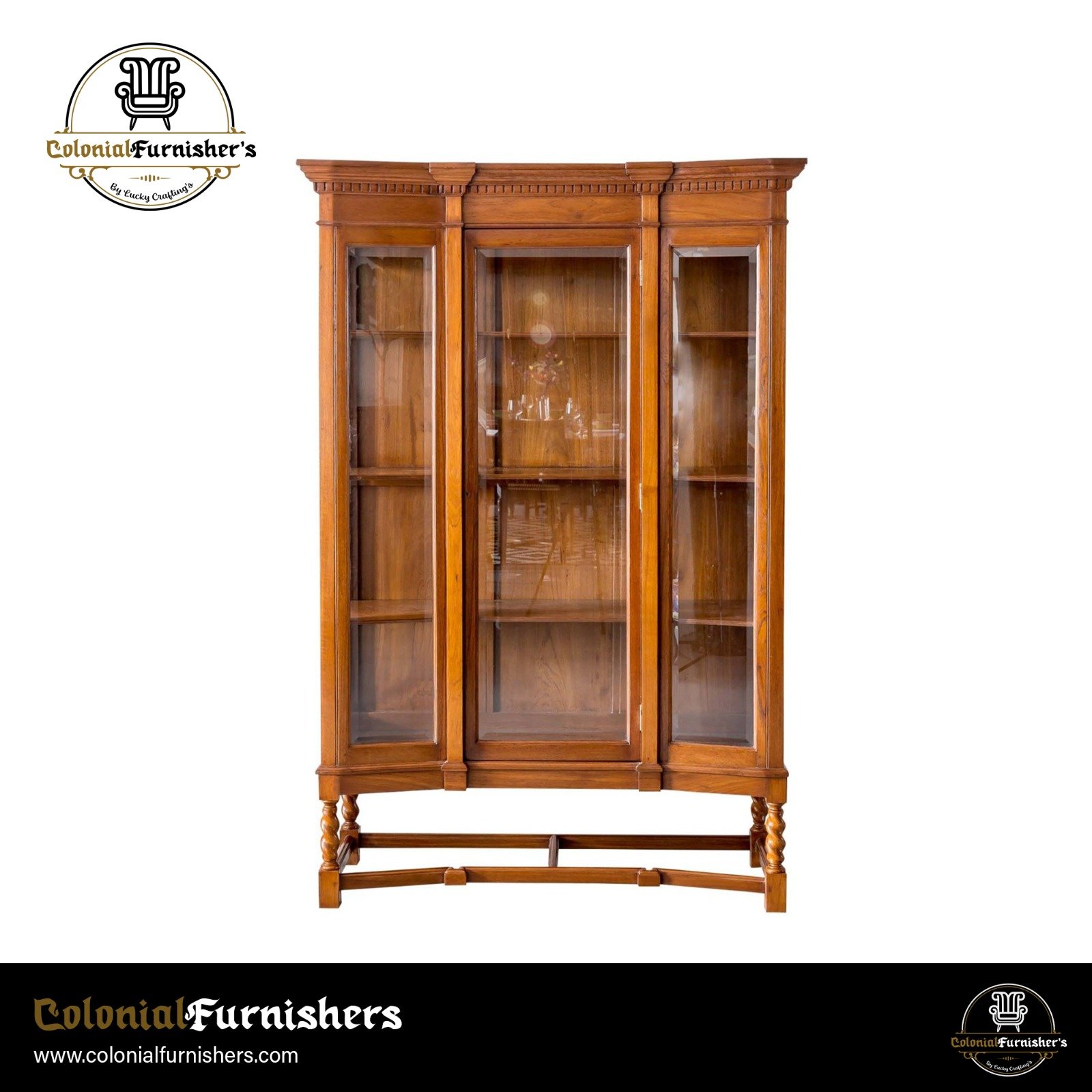 Portuguese colonial showcase cabinet with teak wood and twisted legs