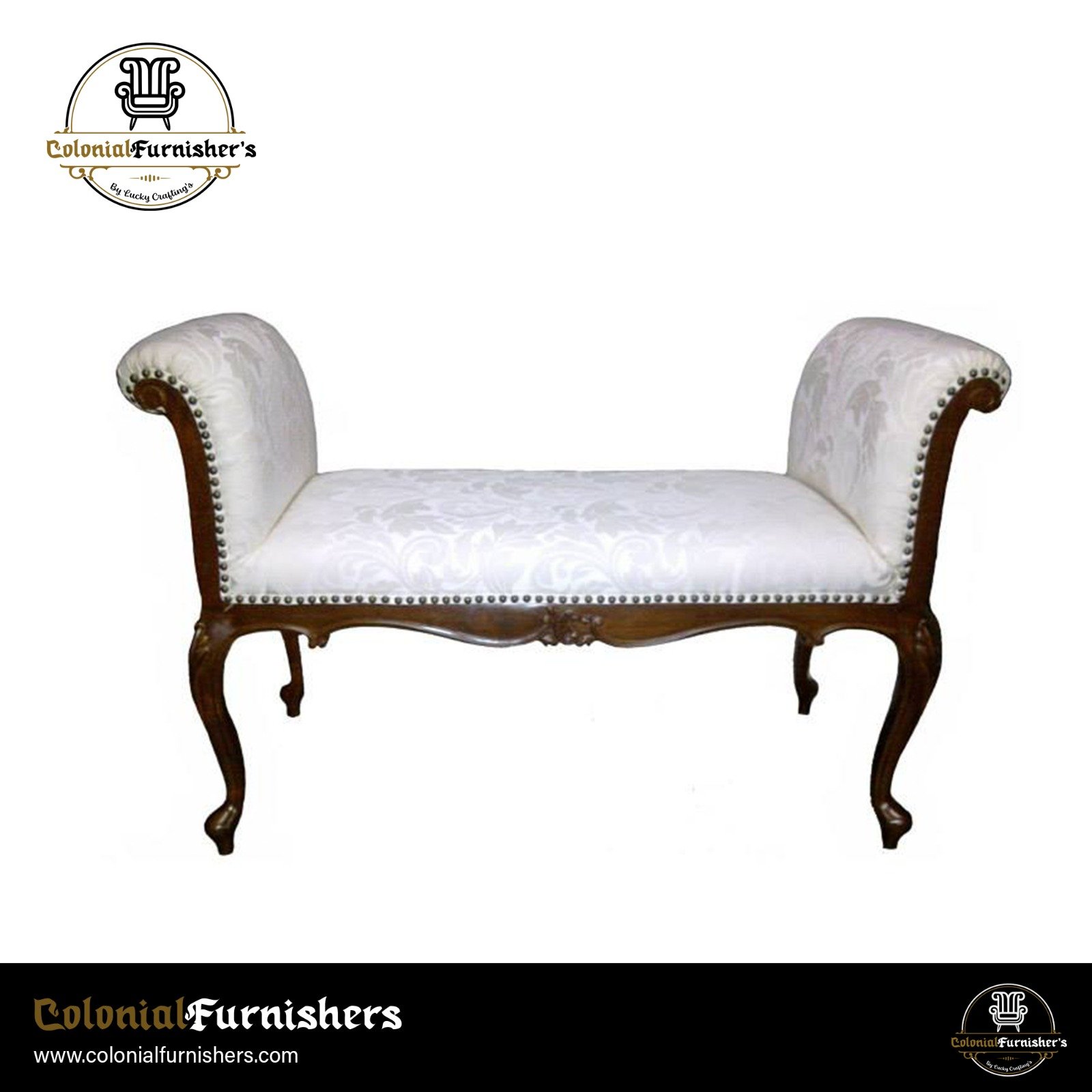 Elegant Colonial Upholstered Bench with Wooden Legs and Nailhead Trim